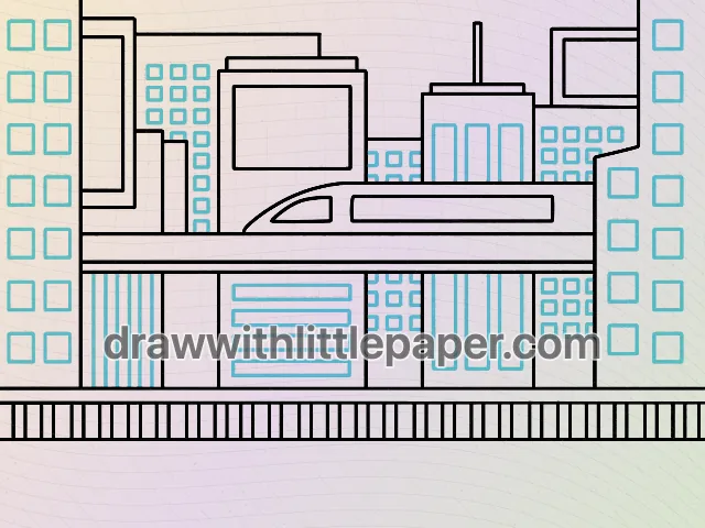 Complete futuristic landscape outline showing block buildings and elevated lines