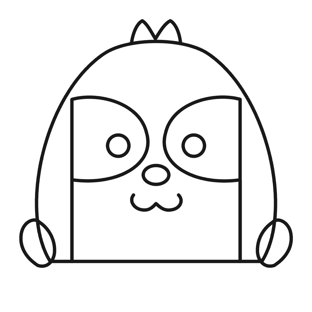 森林小動物 · 眼睛與毛束:頭頂出現毛束,眼周色塊、橢圓鼻與彎曲微笑組成臉部,小爪位於下方。