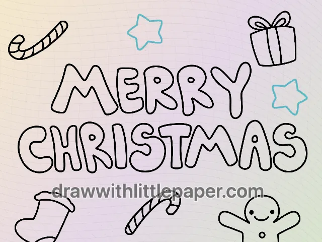 Contour complet de lettrage Joyeux Noël montrant deux lignes et des motifs festifs