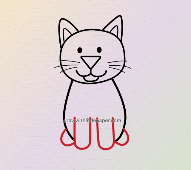 Complete sitting cartoon cat outline showing round face and straight front legs