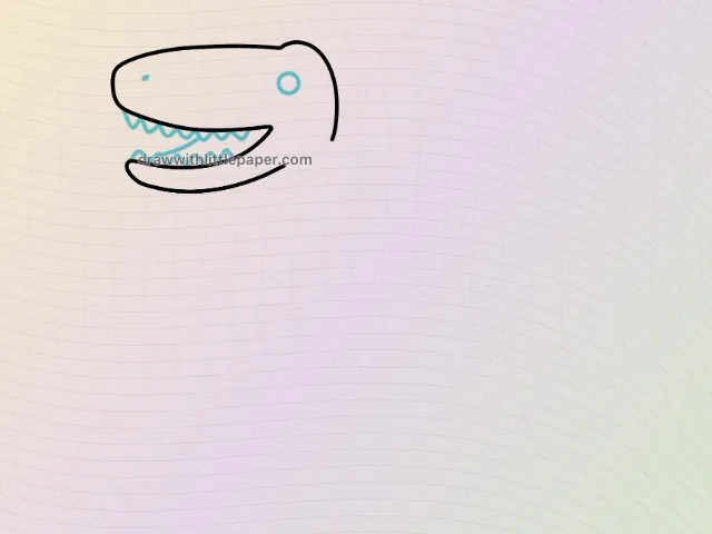 Cartoon T Rex head with open jaws, small triangular teeth and a round eye