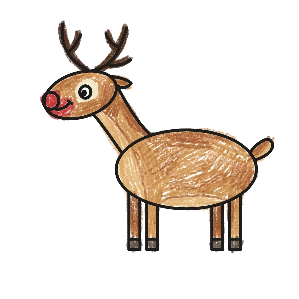 Cute side-view brown reindeer with branching antlers, four thin legs, a small tail and a round red nose