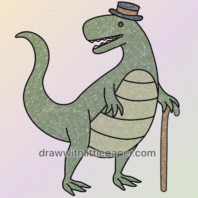 Colored dinosaur with a hat with green, blue-gray, brown, red-brown, cream white crayon texture
