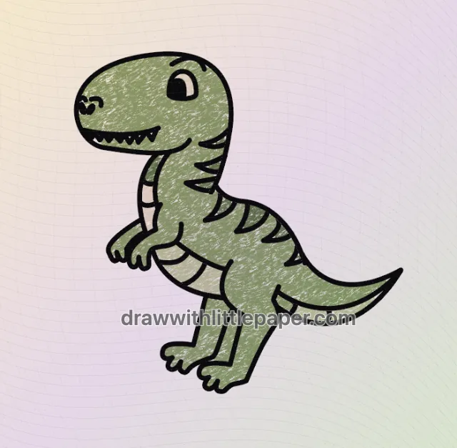 Colored upright cartoon dinosaur with green, cream white crayon texture
