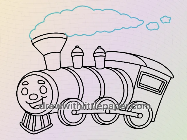 Complete cartoon train outline showing smiling boiler and smoke puffs