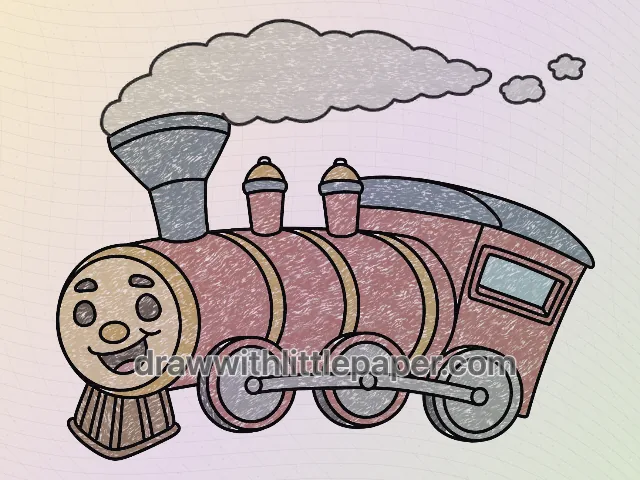 Colored cartoon train with warm red, cream white, warm orange, blue-gray, soft gray crayon texture
