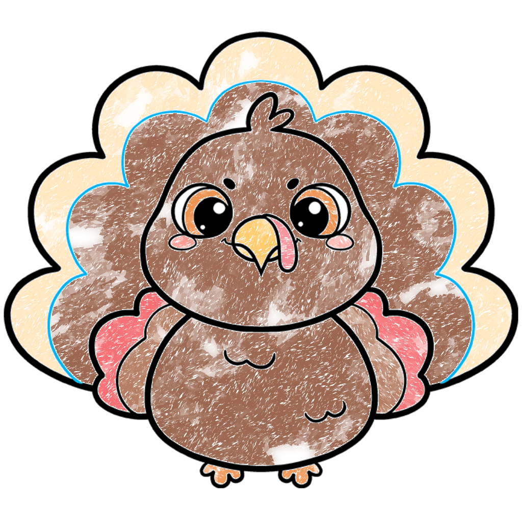 Cute brown crayon turkey with a cream scalloped feather fan, coral accents, yellow beak, red wattle and orange feet