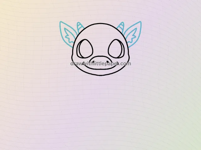 Visage de bébé dragon avec de grands yeux et des oreilles appariées ajoutées en bleu