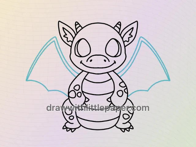Contour complet de bébé dragon avec des taches sur les membres ronds et deux ailes ouvertes