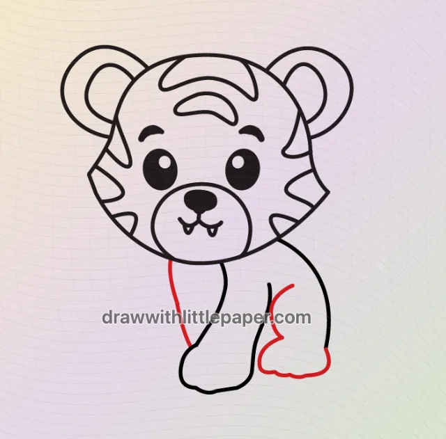 Baby tiger, selected drawing stage 6 of 9, with source guide lines