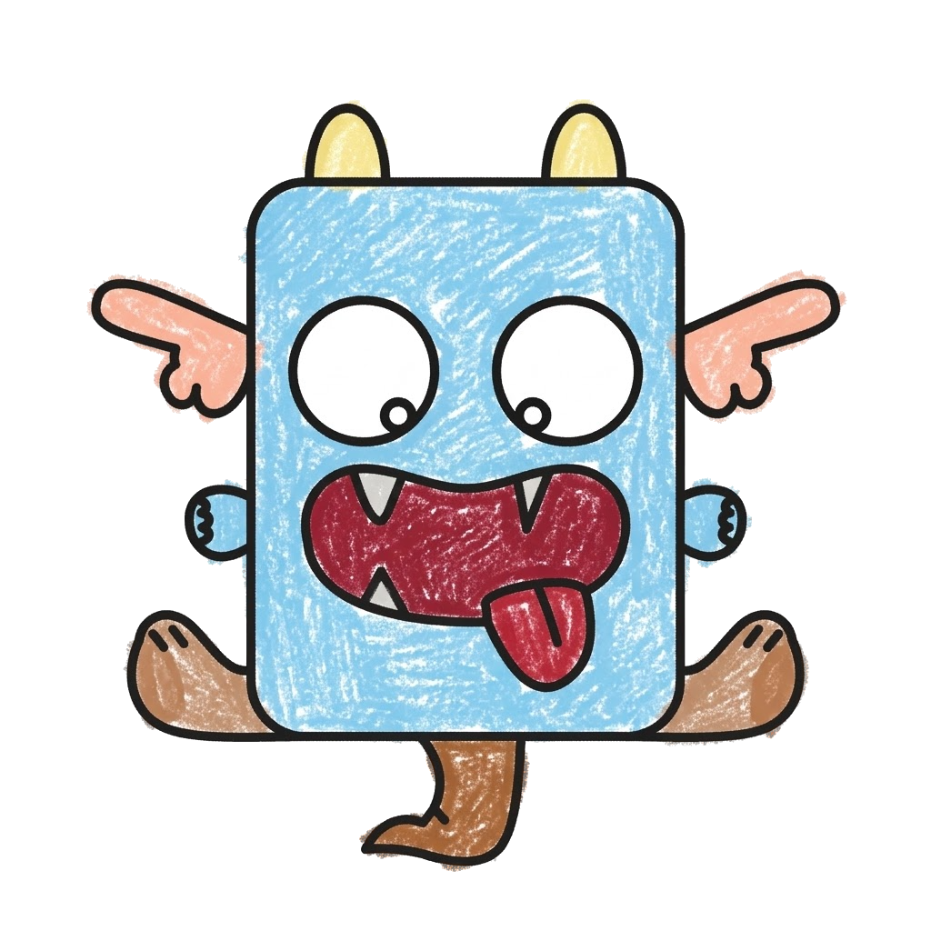 Silly blue rectangular monster with yellow horns, peach arms, red mouth, pale teeth, pink tongue and brown feet