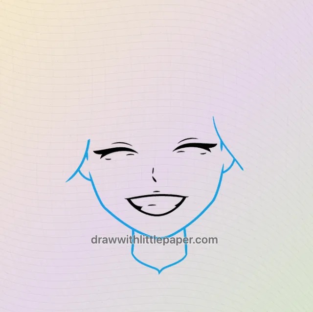 Smiling anime face, selected drawing stage 3 of 9, with source guide lines