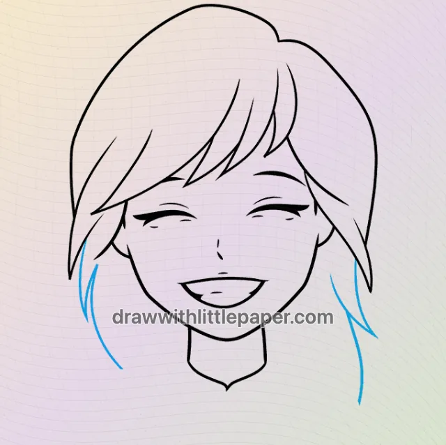 Smiling anime face, selected drawing stage 6 of 9, with source guide lines