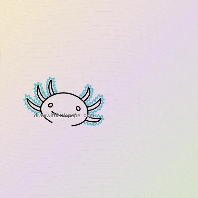 Schwimmender Axolotl-Kopfzeichnung mit einem Lächeln und drei gefiederten äußeren Kiemenzweigen auf jeder Seite