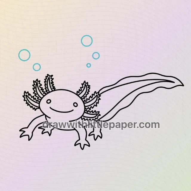 Vollständiger schwimmender Axolotl-Umriss mit einer Flosse um den Schwanz und fünf separaten Blasen darüber