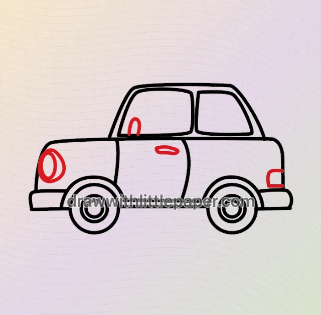 Complete cartoon car outline showing side windows and wheel arches