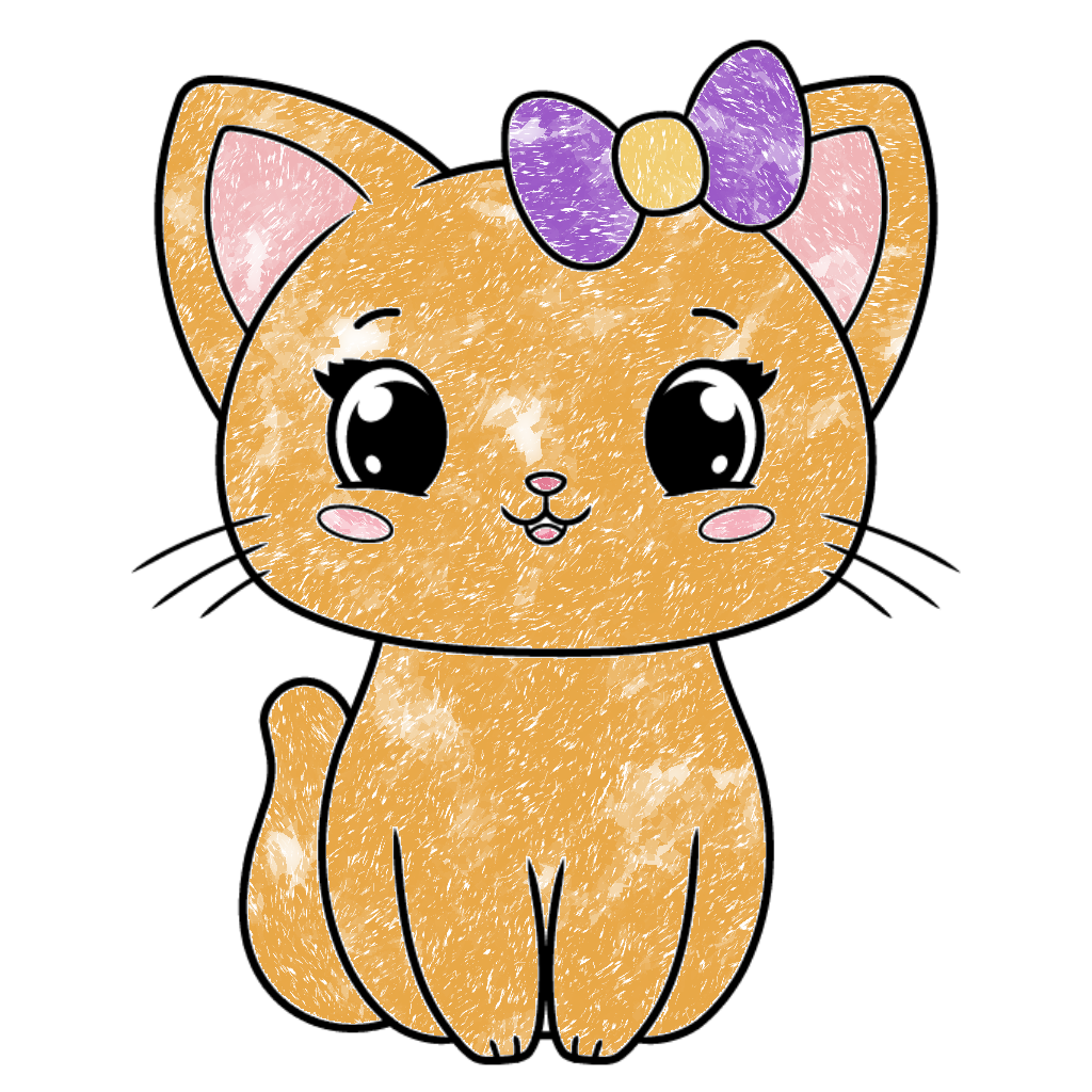 Sitting orange crayon kitten with pink inner ears and cheeks, a purple bow, little paws, whiskers and a curved tail
