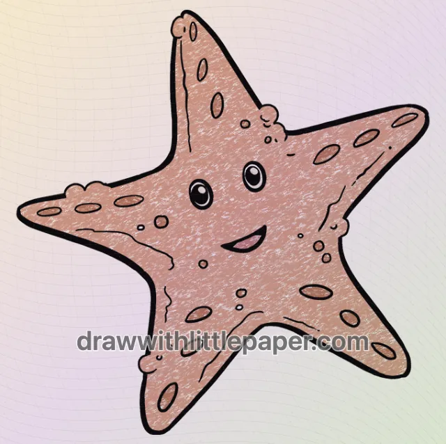 Colored cute starfish with warm red, cream white crayon texture