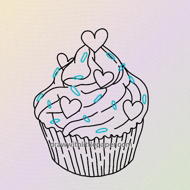 Complete Valentine cupcake outline showing heart decorations and frosting layers