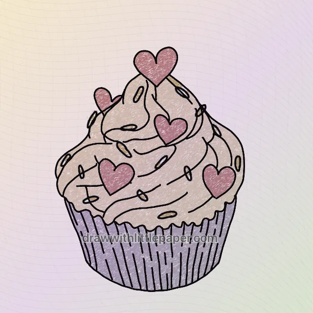 Colored Valentine cupcake with warm orange, soft gray, warm red crayon texture
