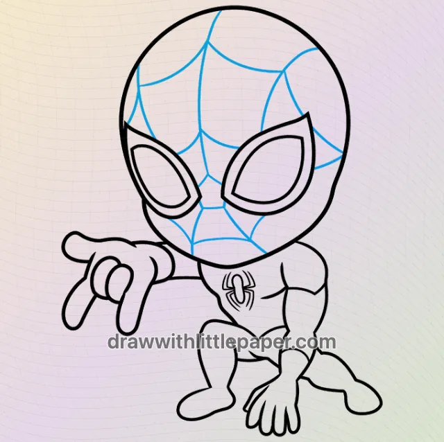 Chibi spider-man, selected drawing stage 6 of 9, with source guide lines