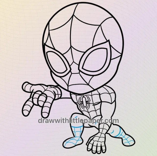 Complete chibi Spider-Man outline showing mask webs and an outstretched hand
