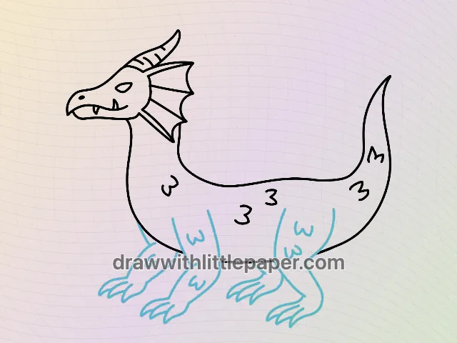 Dragon ailé, étape de dessin sélectionnée 5 sur 8, avec lignes directrices source