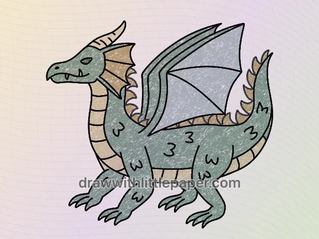 Dragon ailé coloré avec une texture de crayon vert, gris doux, orange chaud et rouge-marron