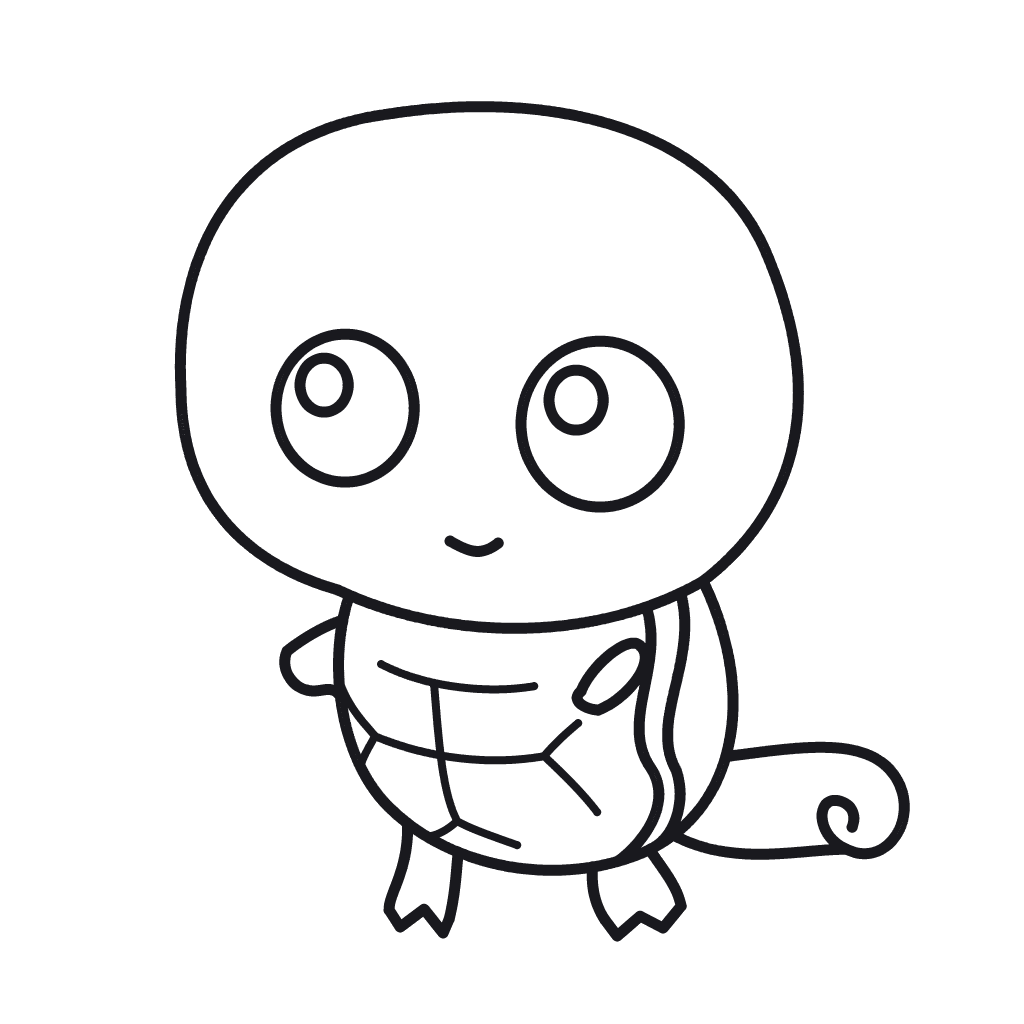 una tortuga de dibujos animados · Brazos, caparazón y cola：El contorno incluye ojos grandes, sonrisa pequeña, brazos, patas, cuadrícula en la barriga y una cola en espiral.