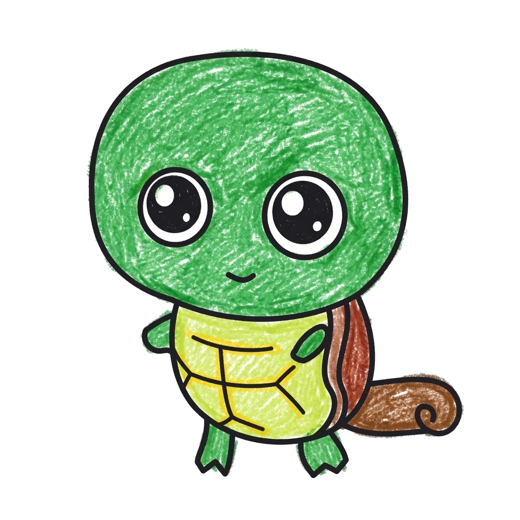 Cute green cartoon turtle with a yellow belly shell, brown shell and tail accents, and large shiny dark eyes