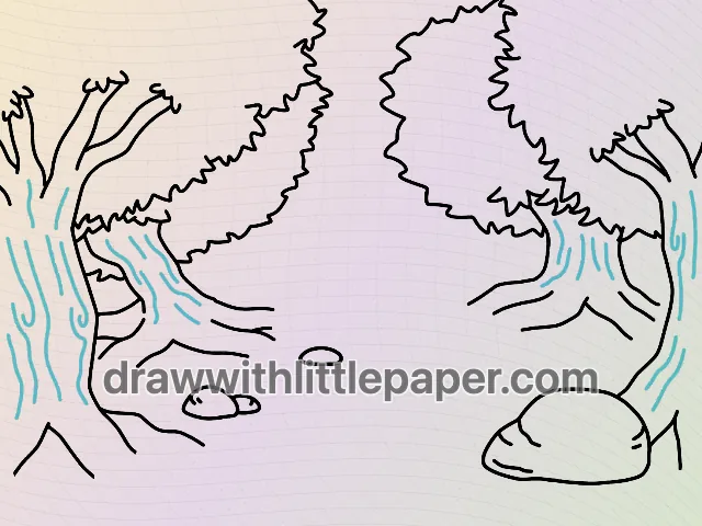Bosque, etapa de dibujo seleccionada 5 de 8, con líneas guía de origen