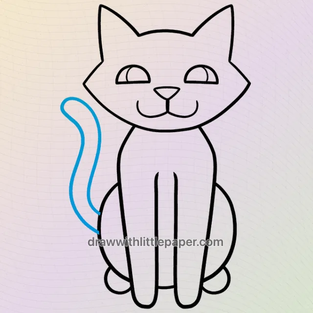 삼각형 귀와 곡선 꼬리가 보이는 단순한 고양이 윤곽선 완성