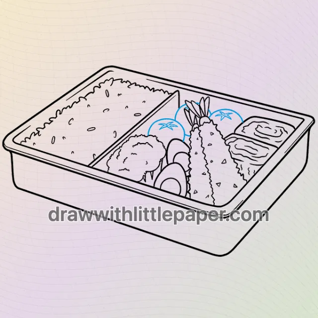 Complete anime bento box outline showing tray perspective and food compartments