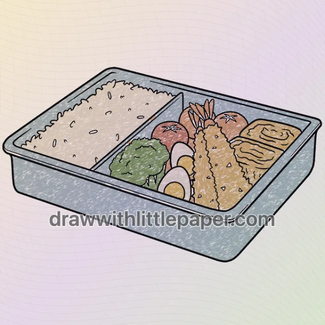 Colored anime bento box with cream white, blue-gray, green, warm red, warm orange crayon texture