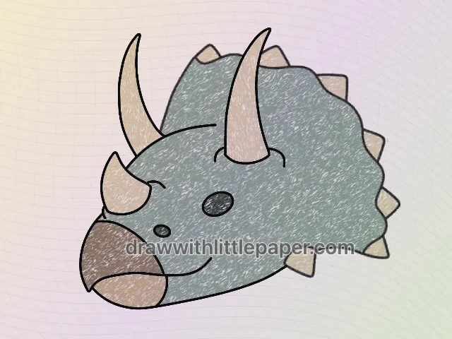 Colored triceratops head with soft gray, warm orange, brown, green crayon texture