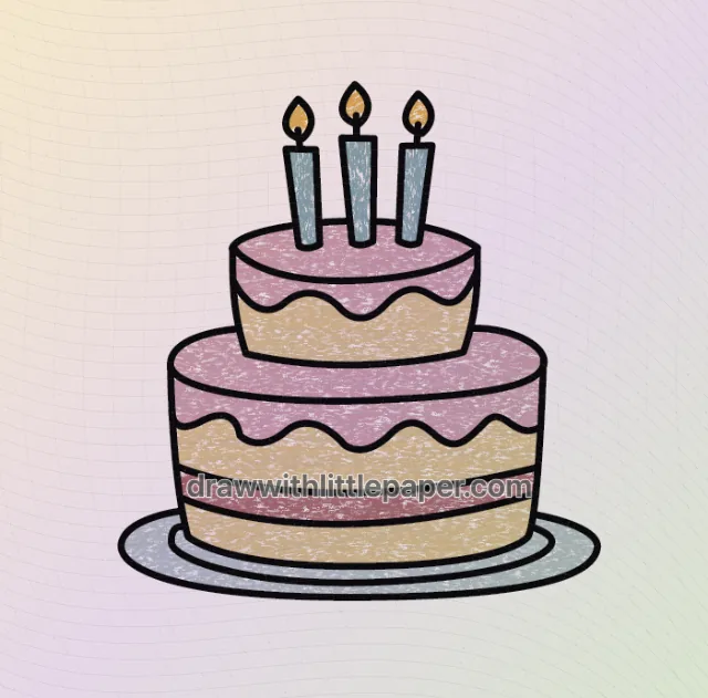 Pastel de cumpleaños de colores con textura de crayón naranja cálido, rosa, rojo cálido, gris suave y gris azulado