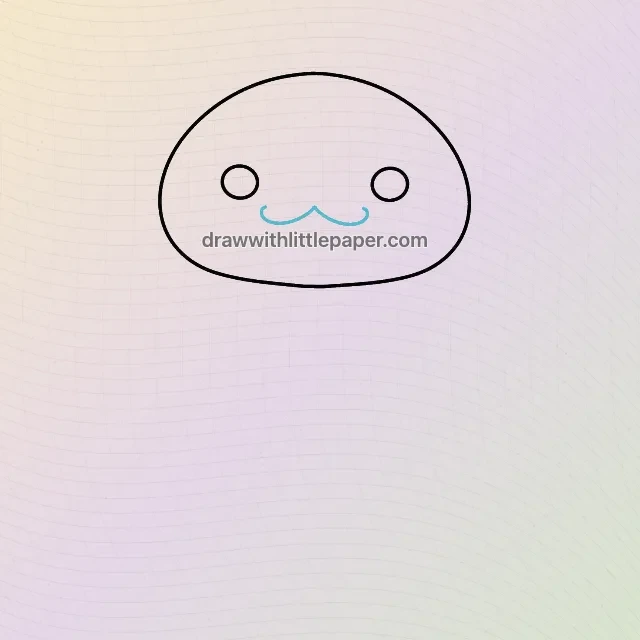 Kawaii axolotl drawing showing a wide oval head, two evenly placed eyes and a small curved smile