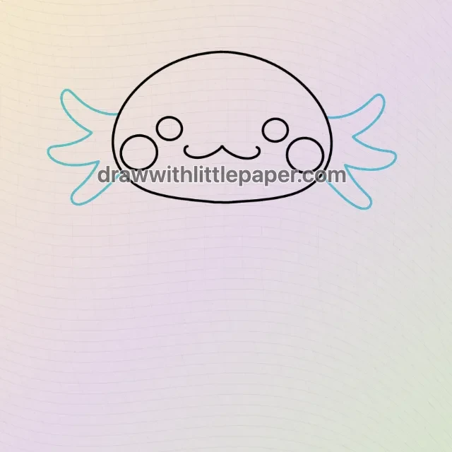 Kawaii axolotl face with cheek circles and three rounded gill branches on each side