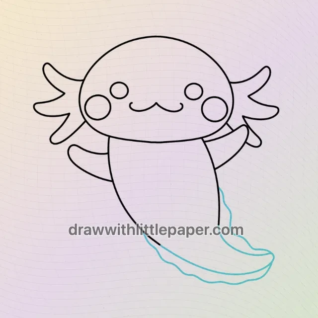 Complete kawaii axolotl outline with raised arms, a long curved tail and a separate fin border