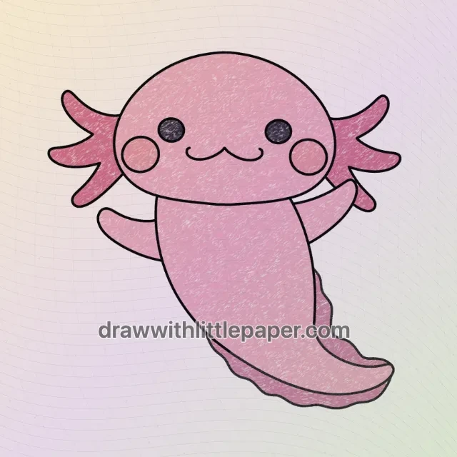Fertiger rosa Kawaii-Axolotl mit passenden rosa Kiemen, dunklen Augen und einem gebogenen rosa Flossenschwanz