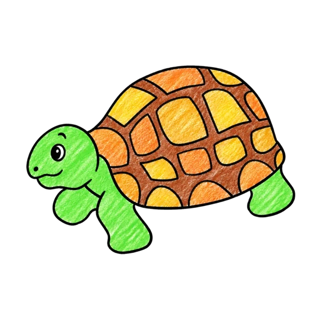 Completed green turtle with a warm brown domed shell, large yellow patches and a smiling face
