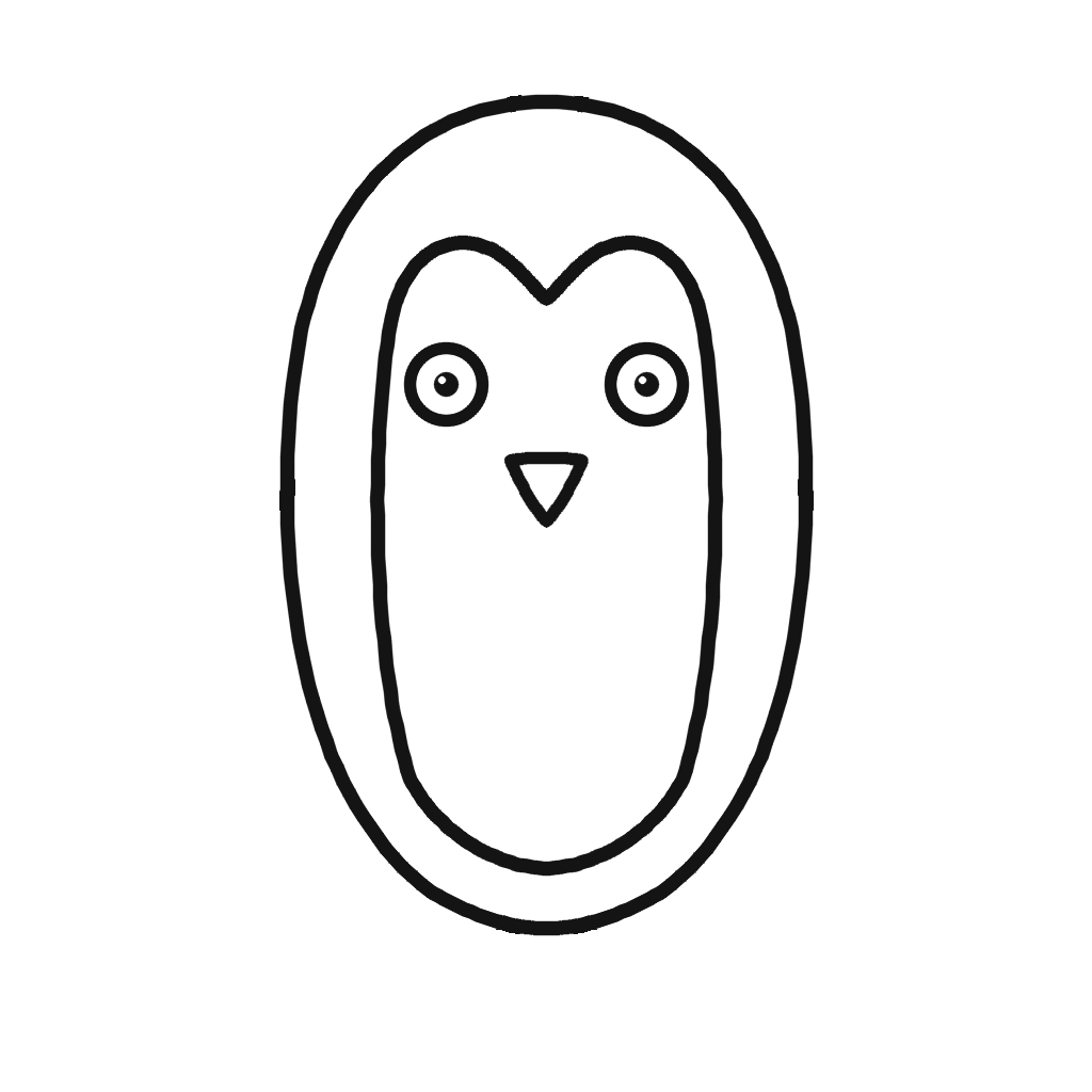 um pinguim · Rosto e barriga：A área interna começa com duas curvas como a parte de cima de um coração. Olhos redondos e bico triangular ficam acima da barriga.