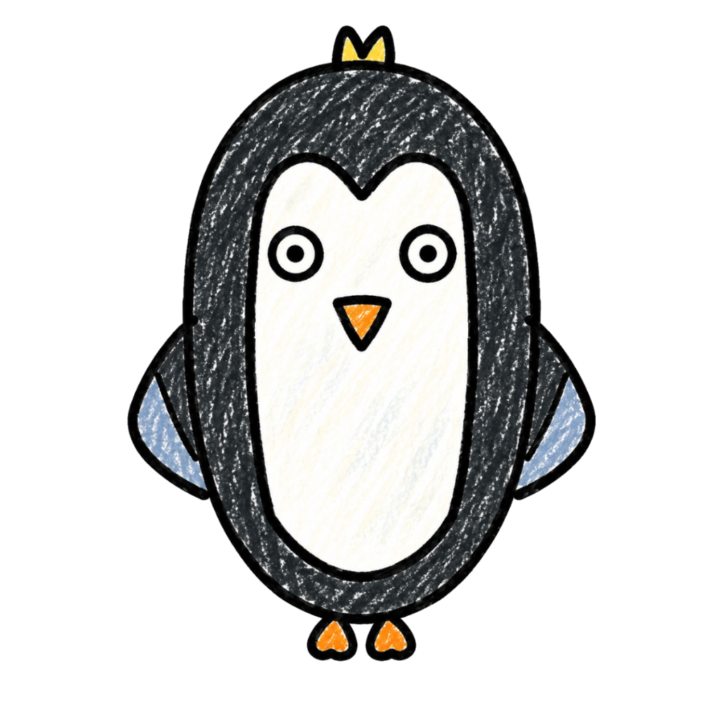 Crayon penguin with a black body, white belly, blue flippers, orange feet and beak, and a small yellow tuft
