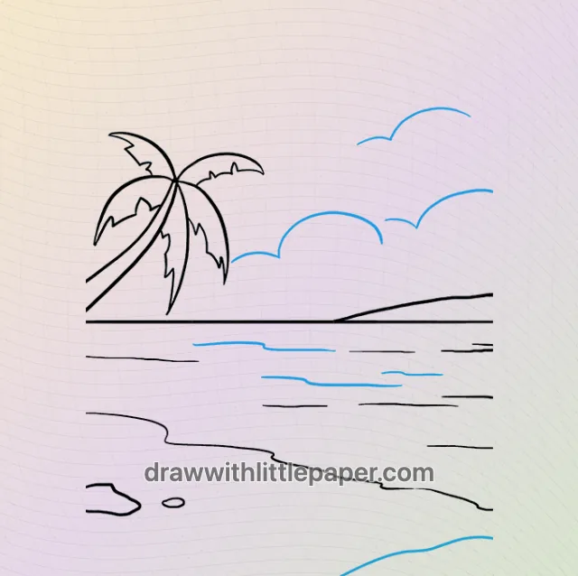Complete ocean scene outline showing palm trees and a level horizon