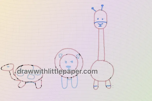 Group of simple animals, selected drawing stage 8 of 13, with source guide lines
