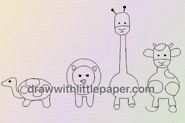 Complete group of simple animals outline showing turtle lion giraffe and cow