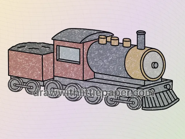 Red-brown steam train with gray boiler and wheels and small warm-yellow accents