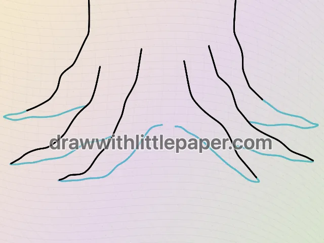 Racines d'arbre, étape de dessin sélectionnée 3 sur 5, avec lignes de guidage source