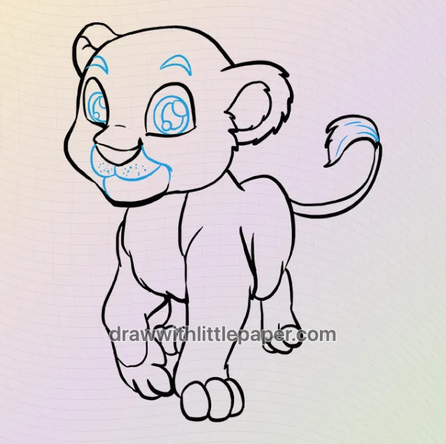 Complete baby lion outline showing standing paws and a curled tail