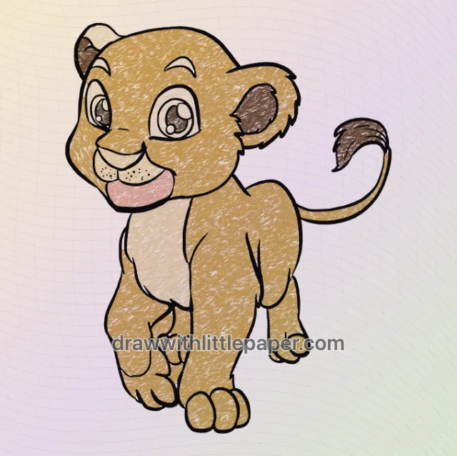 Colored baby lion with warm orange, brown, warm red, cream white crayon texture